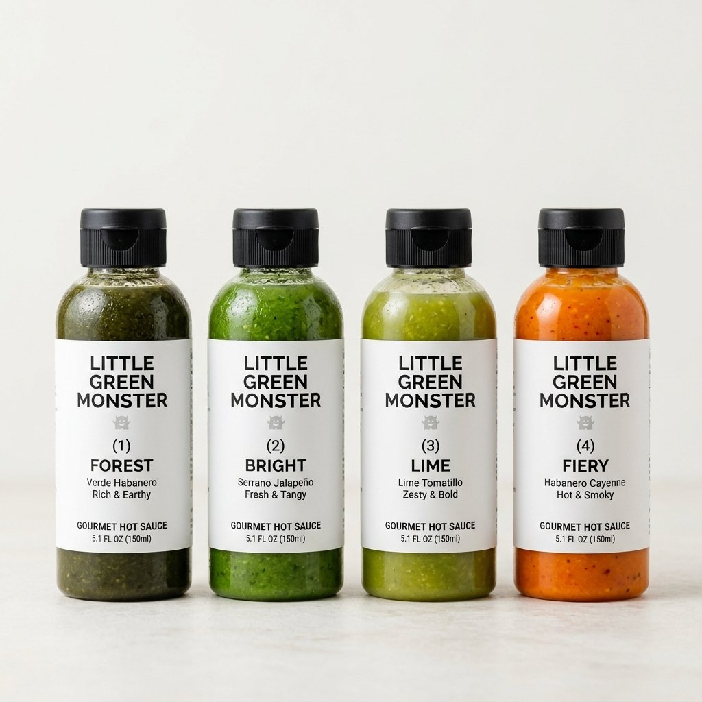 Little Green Monster sauce bottle lineup including Forest, Bright, Lime, and Fiery variations
